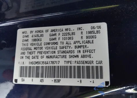 2006 Honda Accord 2.4 Se из США, поврежденный, VIN 1HGCM56356A178717